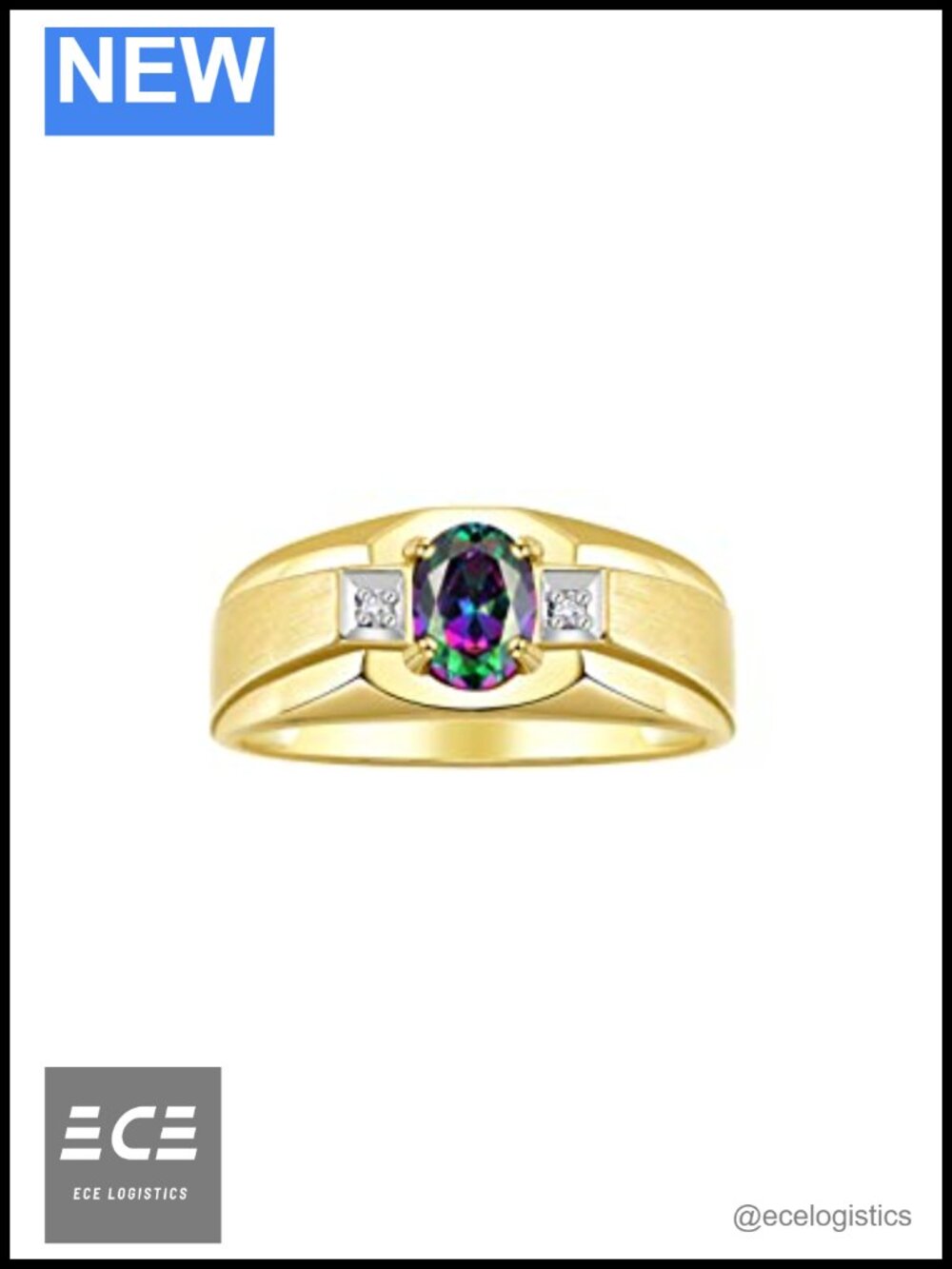 Men's Yellow Gold Plated Silver Ring Oval Gemstone Diamond Classic